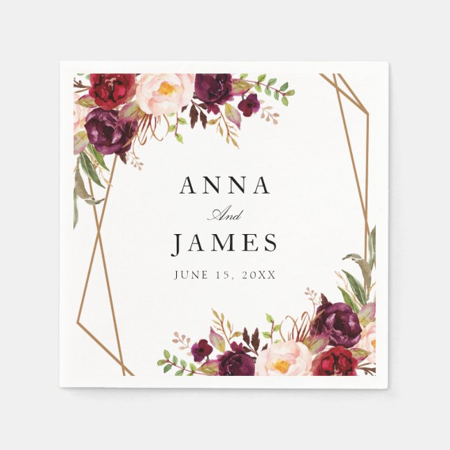 geometrisk burgundröd och  blommigt pappersservett (Framsidan)