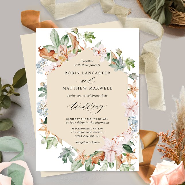 Geometrisk Butter Beige och Earthy Blooms Bröllop Inbjudningar (Skapare uppladdad)
