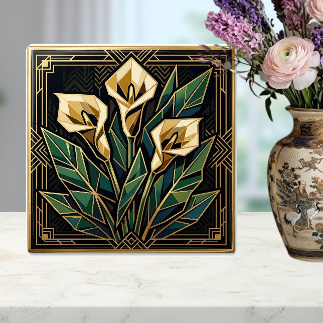 Geometrisk Calla Lily Art Deco Blomma Guld Grön Kakelplatta (Skapare uppladdad)