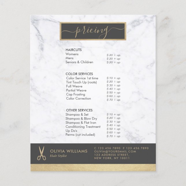 Geometrisk Chic Guld Sax Marmor Frisör Flygblad (Framsidan)