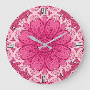 Geometrisk Daisy Mönster i Coral och Pastel Rosa Stor Klocka