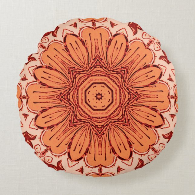 Geometrisk Daisy Mönster i Mandarin-Orangen Rund Kudde (Framsidan)