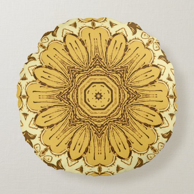 Geometrisk Daisy Mönster i Mustard Guld Rund Kudde (Framsidan)