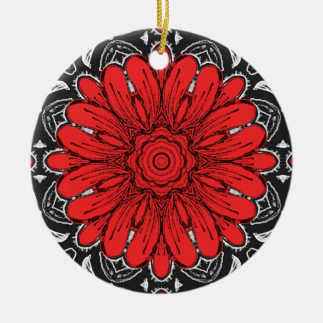 Geometrisk Daisy Mönster i Red Black & White Julgransprydnad Keramik (Framsidan)