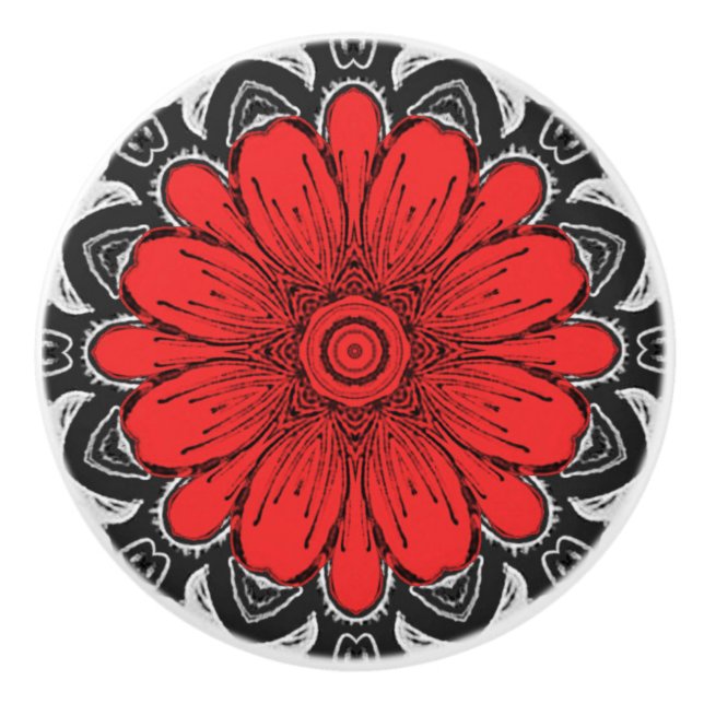 Geometrisk Daisy Mönster i Red Black & White Knopp (Framsidan)