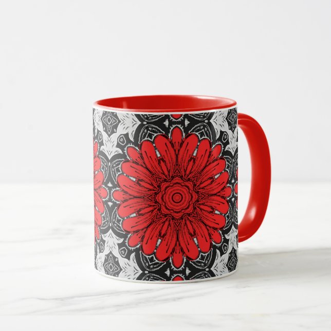 Geometrisk Daisy Mönster i Red Black & White Mugg (Framsida höger)