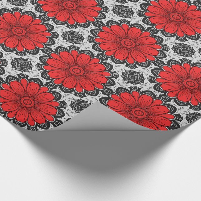 Geometrisk Daisy Mönster i Red Black & White Presentpapper (Hörn)