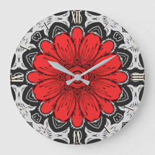 Geometrisk Daisy Mönster i Red Black & White Stor Klocka