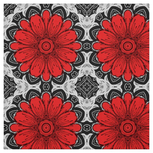 Geometrisk Daisy Mönster i Red Black & White Tyg (Provkarta)