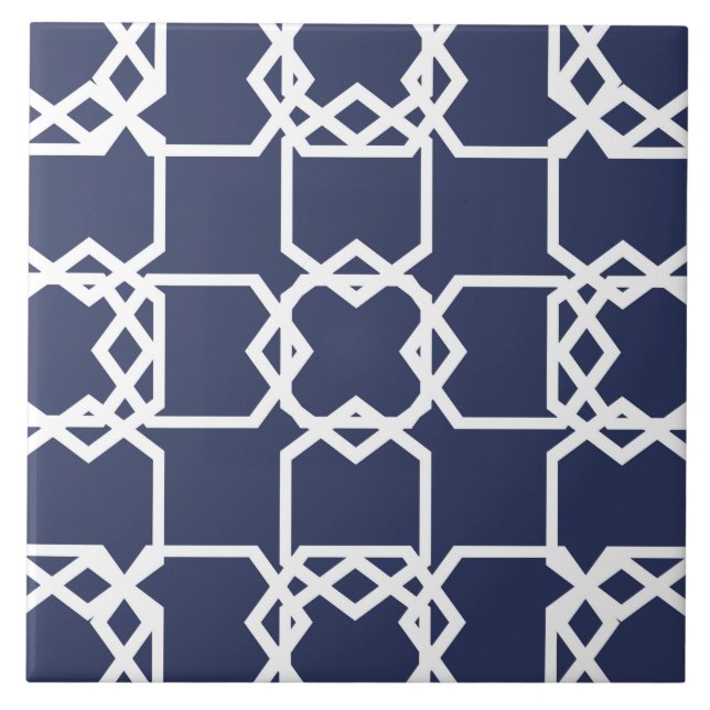 Geometrisk, dekorativ, modern, marinblå, vit kakelplatta (Framsidan)
