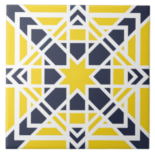 Geometrisk, dekorativ, senap-gult, marinblått kakelplatta