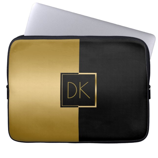 Geometrisk design i Classy Black & Guld Laptop Fodral (Framsidan)
