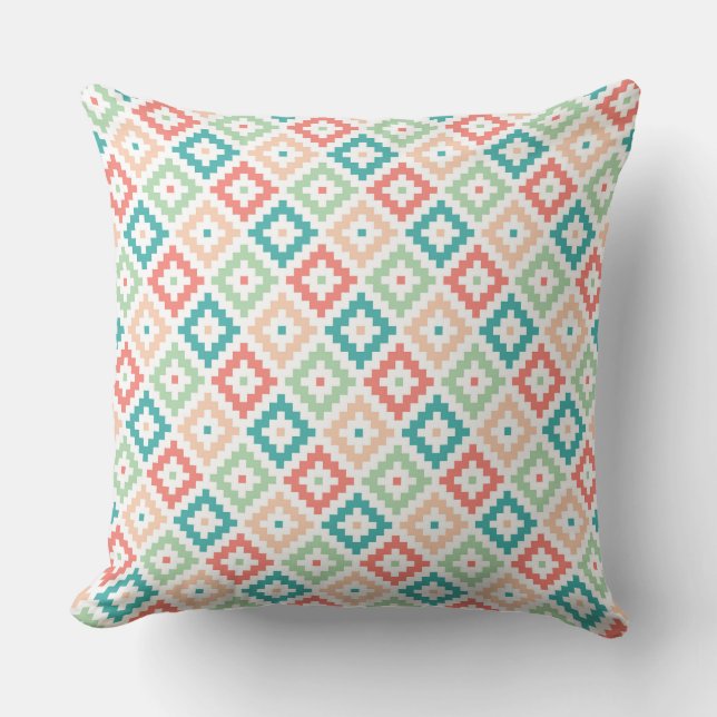 Geometrisk design i korall och teal kudde (Framsida)