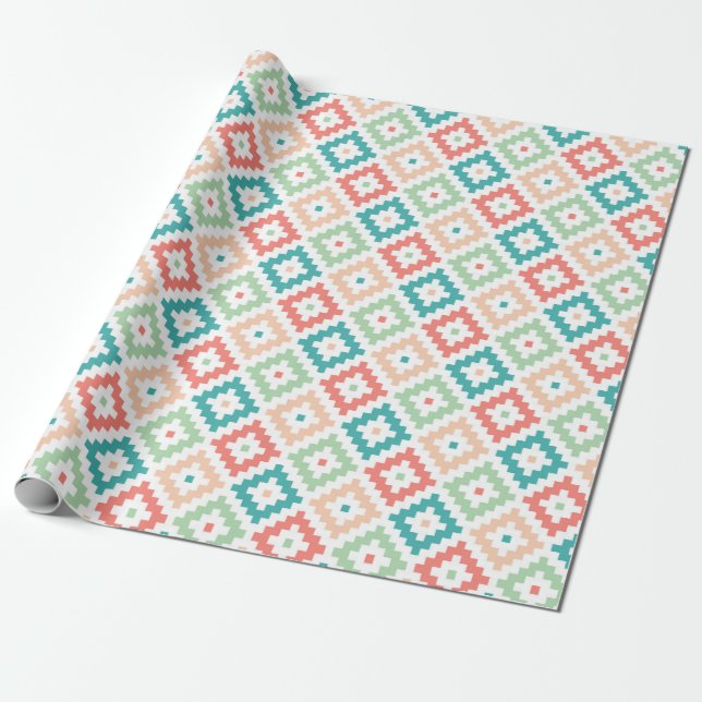 Geometrisk design i korall och teal presentpapper (Utrullad)