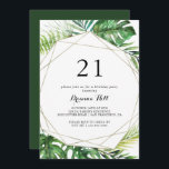 Geometrisk destination Tropical 21:a födelsedagen  Inbjudningar<br><div class="desc">Den här geometriska målfestinbjudan på 21:a födelsedag är perfekt för en enkel födelsedag. Konstruktionen har handmålad vattenfärg grönt handflatan och banan löv som är väl placerad i vackra buketter och som fäster ett guld geometriskt ram.</div>
