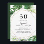 Geometrisk destination Tropical 30års födelsedag P Inbjudningar<br><div class="desc">Denna inbjudan till den tropiska målgruppen 30års födelsedag är perfekt för en enkel födelsedagsfest. Konstruktionen har handmålad vattenfärg grönt handflatan och banan löv som är väl placerad i vackra buketter och som fäster ett guld geometriskt ram.</div>