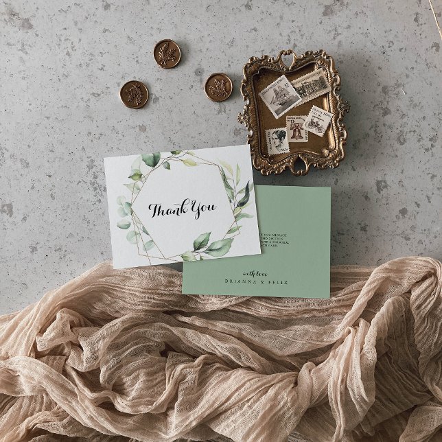 Geometrisk Elegant Guld Greenery Flat Bröllop Tack Kort (Skapare uppladdad)