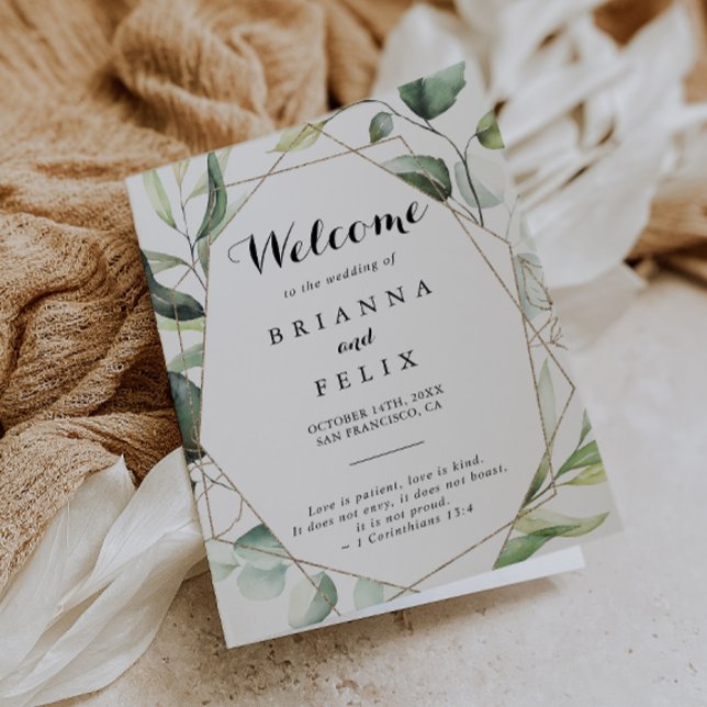 Geometrisk Elegant Guld Greenery Foltyed Bröllop Program (Skapare uppladdad)