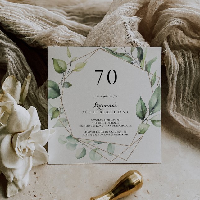 Geometrisk Elegant Guld Grönt 70:e Födelsedagsfest Inbjudningar (Skapare uppladdad)