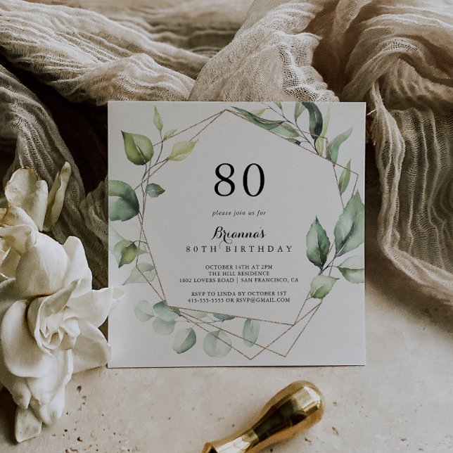 Geometrisk Elegant Guld Grönt 80:e Födelsedagsfest Inbjudningar (Skapare uppladdad)