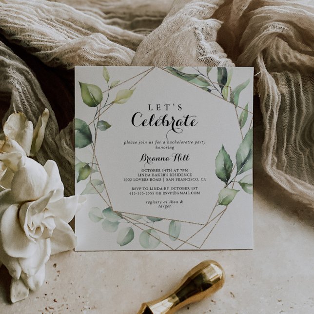 Geometrisk Elegant Guld Grönt Låt oss Celebrate Pa Inbjudningar (Skapare uppladdad)