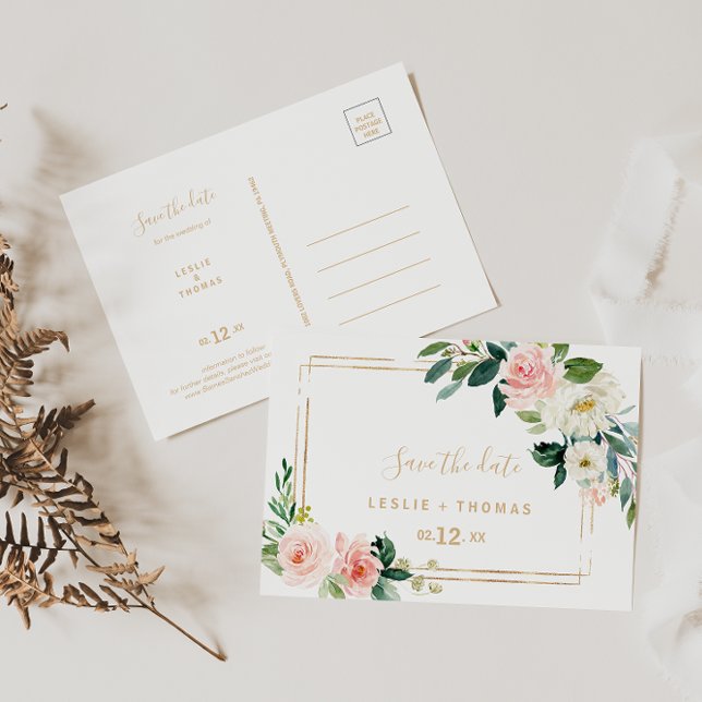 Geometrisk Elegant i Greenery & Guld Spara datum Vykort (Skapare uppladdad)