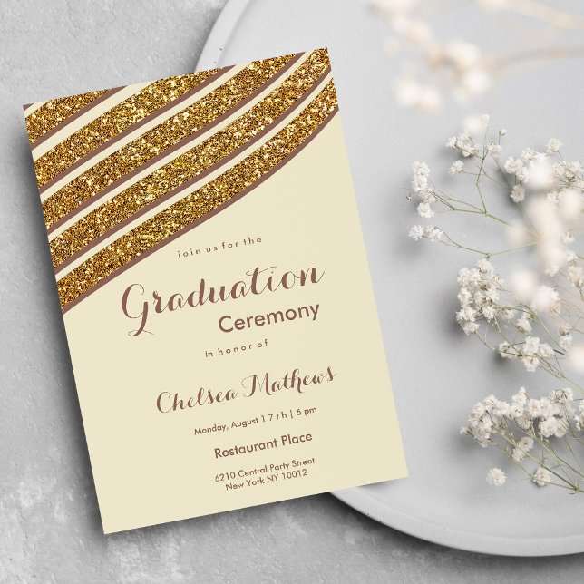 Geometrisk elfenbensbrunt guld glitter Studenten Inbjudningar (Geometric ivory brown gold glitter Graduation)