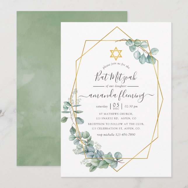 Geometrisk Eukalyptus Bat Mitzvah Inbjudningar (Fram/baksida)