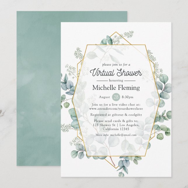 Geometrisk eukalyptus Virtuella Baby eller Möhippa Inbjudningar (Fram/baksida)