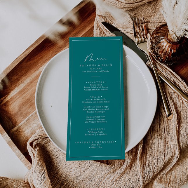 Geometrisk färgad Snyggt Calligraphy Teal Dinner Meny (Skapare uppladdad)