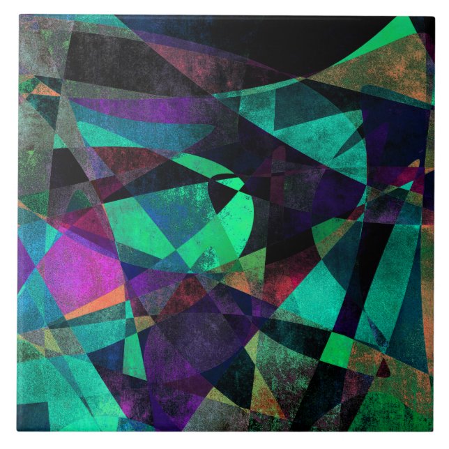 Geometrisk, färgrik Grungy abstrakt konst Kakelplatta (Framsidan)