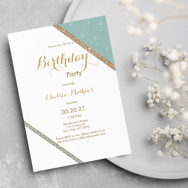 Geometrisk födelsedag för vit myntmynta grönt guld inbjudningar (White mint green gold glitter geometric Birthday )