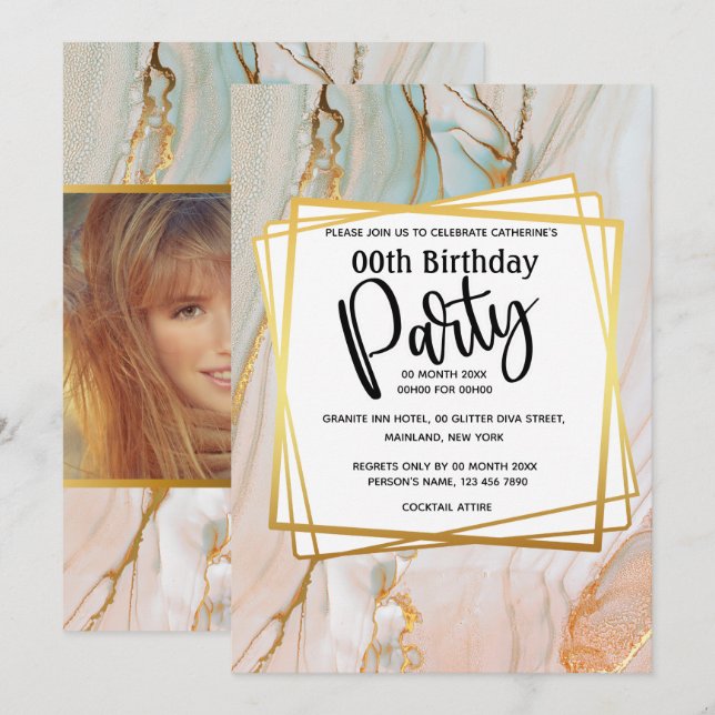 Geometrisk födelsedagsfest för marmor-persikor-gul inbjudningar (Fram/baksida)