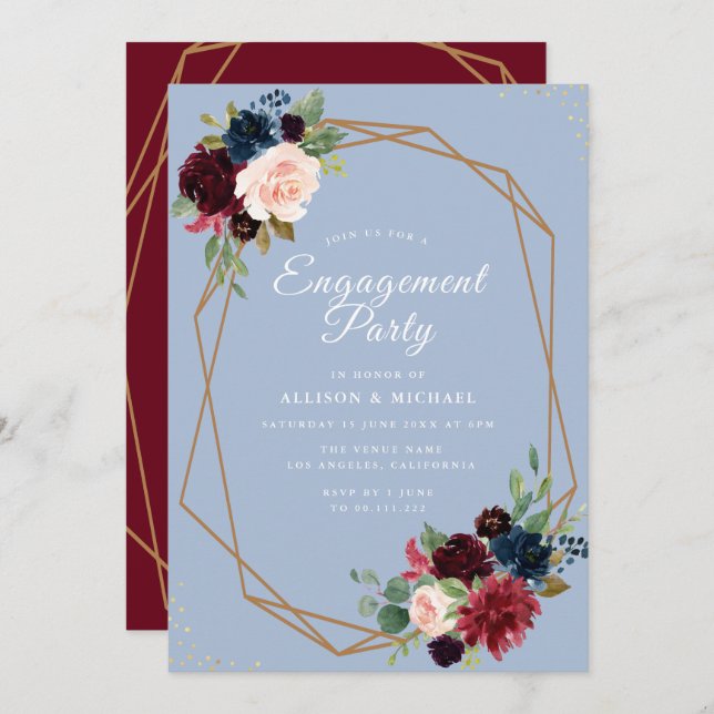 Geometrisk förlovning för burgundisk dammig blå bl inbjudningar (Fram/baksida)