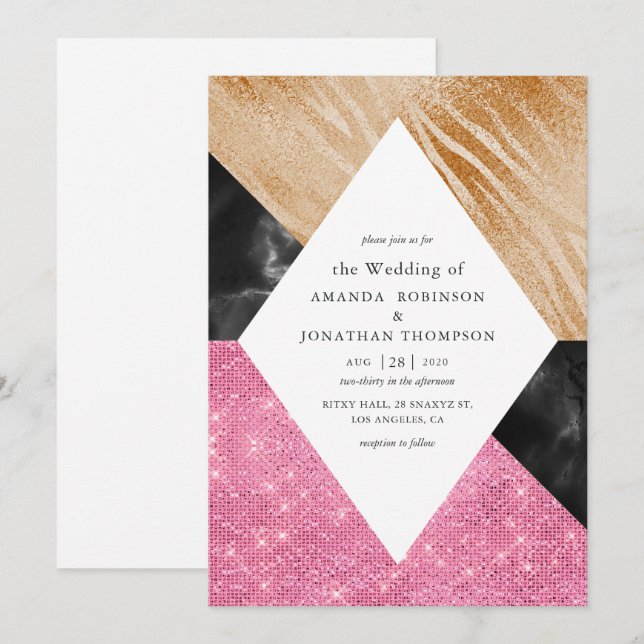 Geometrisk Glam Falsk Glitter Marmor Bröllop Inbjudningar (Fram/baksida)