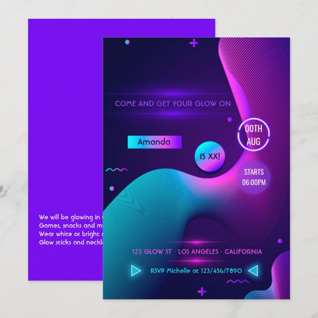 Geometrisk glöd i Mörk Neon Födelsedagsfest Inbjudningar (Fram/baksida)