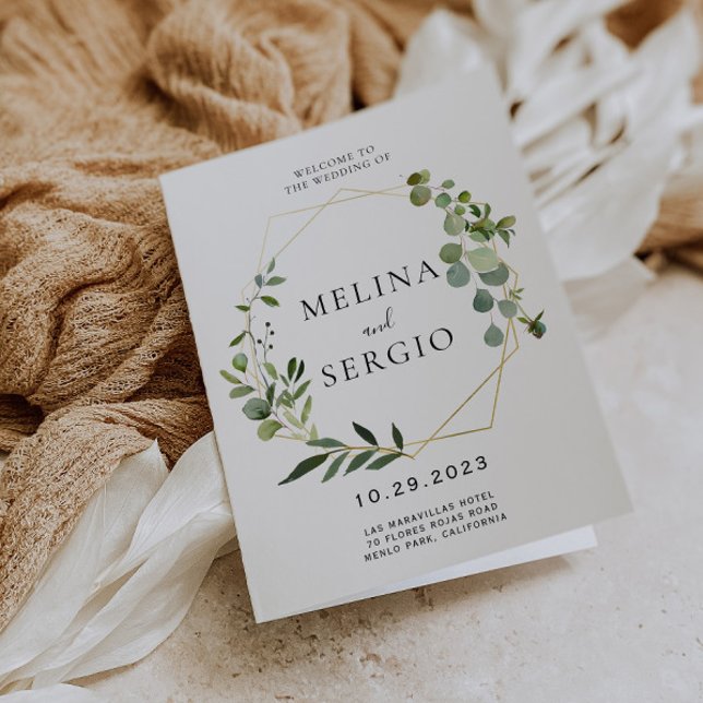 Geometrisk Grönt Eucalyptus Lövs Foldad Bröllop Program (Skapare uppladdad)