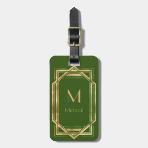 Geometrisk grönt och Guld Monogram och Namn Bagagebricka