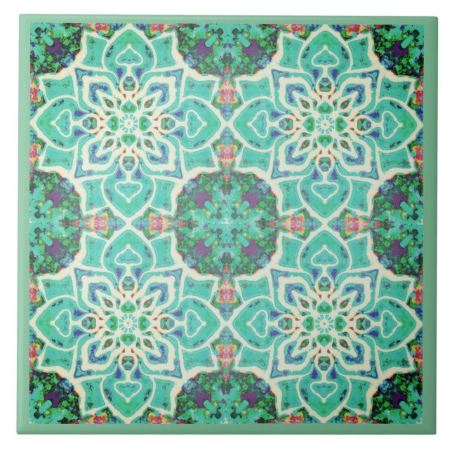 Geometrisk grönt-skog-mandala kakelplatta (Framsidan)