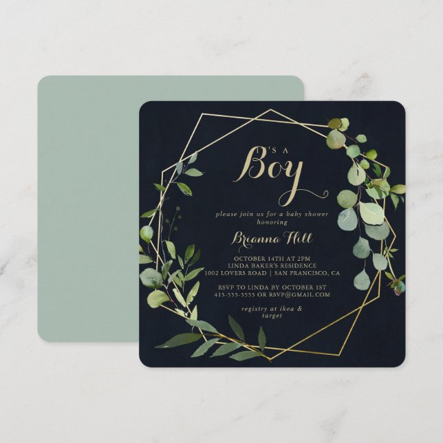 Geometrisk guld blå grön Det är en pojke Baby Show Inbjudningar (Fram/baksida)