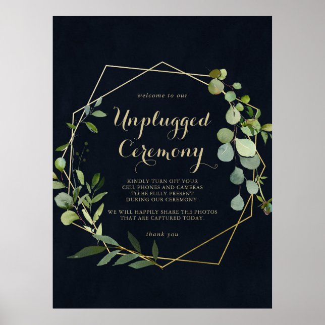 Geometrisk guld blå grön Unplugged-ceremoni-skylt Poster (Framsidan)