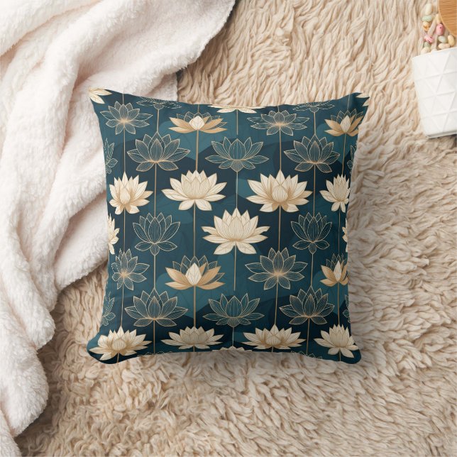Geometrisk Guld Lotus på Teal Kudde (Filt)