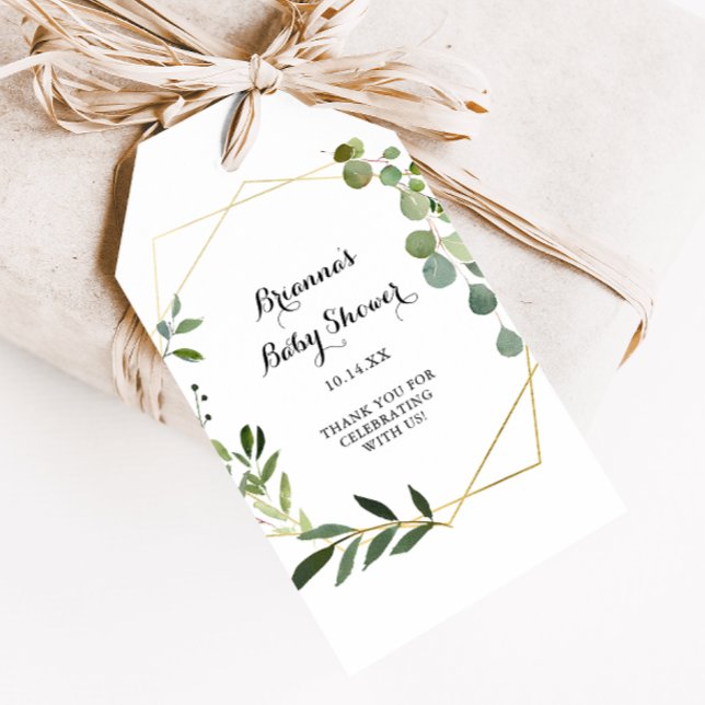 Geometrisk guld tropisk kalligrafi Baby Shower Presentetikett (Skapare uppladdad)