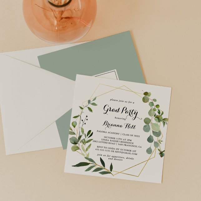 Geometrisk guld tropisk kalligrafi examensfest inbjudningar (Skapare uppladdad)