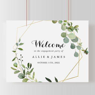 Geometrisk guldgrön välkomstskylt för förlovningsf poster