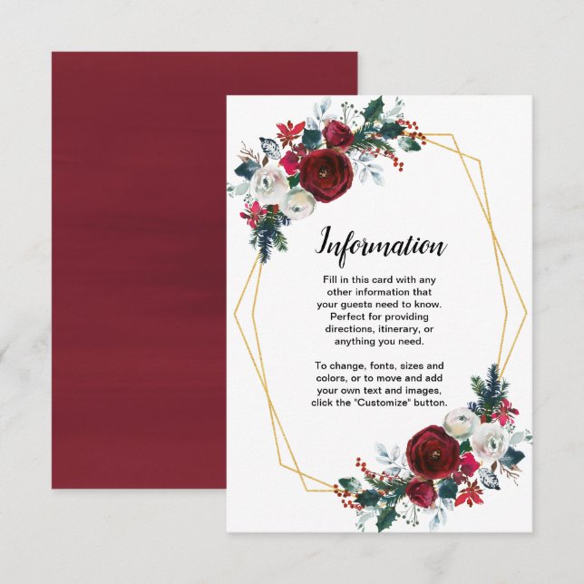 Geometrisk guldram burgunderröda vinterblommor inbjudningar (Fram/baksida)