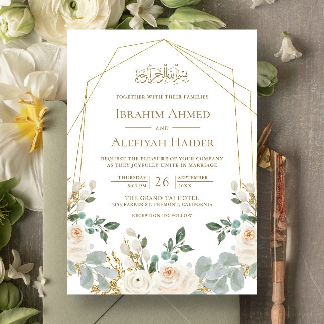 Geometrisk guldram Ivory blomster islamsk bröllop Inbjudningar (Skapare uppladdad)