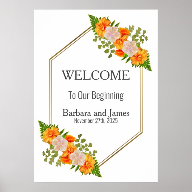 Geometrisk guldrosafärgad orange blomsterbröllop poster (Framsidan)