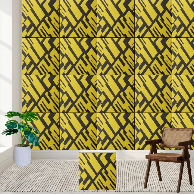 Geometrisk Gult och svart Abstrakt Mönster Kakelplatta (Geometric Yellow and Black Abstract Pattern Ceramic Tile)