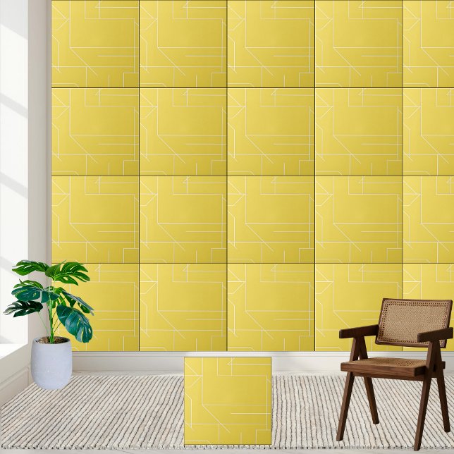 Geometrisk Gult och vit linje Mönster Kakelplatta (Geometric Yellow and White Line Pattern Ceramic Tile)